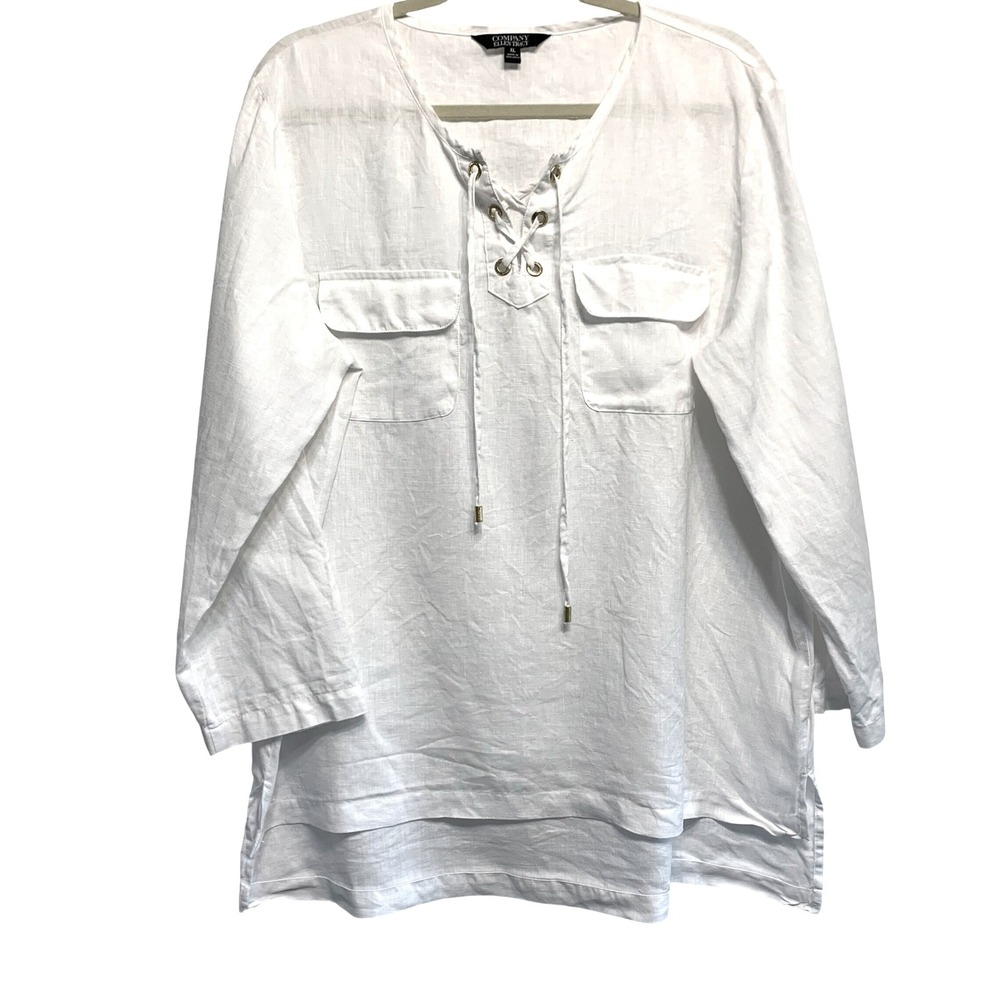Company Ellen Tracy 100% Linen Lace-Up Tunic Cover-Up Size XL Coastal Nautical